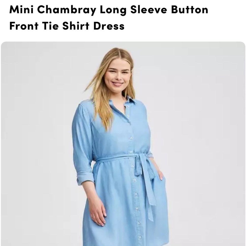 Chambray Long Sleeve Button Front Tie Shirt Dress